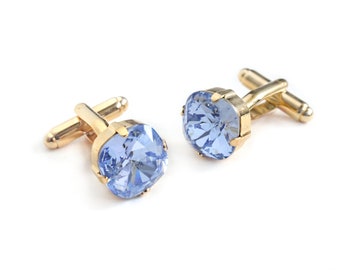 Swarovski Crystal Cushion Cut Cuff Links in Light Sapphire Blue and Gold Finish