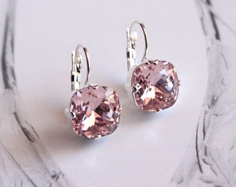 Swarovski Crystal Cushion Cut Drop Dangle Earrings -- Silver and Vintage Rose 12mm