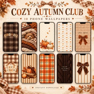 Könnte beinhalten: Eine digitale Sammlung von 10 Handy-Hintergrundbildern mit dem Titel COZY AUTUMN CLUB, die Muster in warmen Farbtönen wie braunes Karomuster, Stricktexturen, Kürbisse, Herbstblätter, Schleifen und einen Welpen in einem Rasterlayout zeigen.