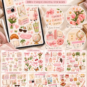 Op de afbeelding: Een digitale stickerset met meer dan 200 illustraties in roze en neutrale tinten, waaronder bloemen, reisartikelen, schoonheidsproducten en gezellige woondecoratie, weergegeven op een tabletscherm in elf verschillende vellen.