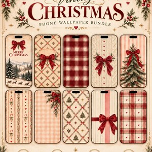 Op de afbeelding: Een digitale collectie van tien telefoonachtergronden met vintage kerstthema's, waaronder rode strikken, ruitpatronen, dennenbomen en gebreide texturen. De afbeelding bevat de tekst Vintage CHRISTMAS PHONE WALLPAPER BUNDLE.