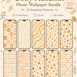 Op de afbeelding: Een digitale set van 10 telefoonachtergronden met herfstachtige naadloze patronen. De ontwerpen bevatten illustraties van pompoenen, appels, eikels, bladeren en ruitpatronen in warme oranje, beige en groene tinten met een 9:16-verhouding.