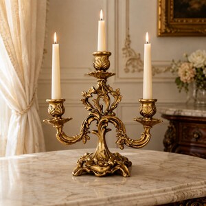 May include: A gold-colored metal candelabra with an ornate, scrolling leaf design and three arms. Each arm holds a single white taper candle, and all three candles are lit, emitting a soft glow from the top of each wick.