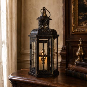 Può includere: Una lanterna esagonale per candele con una finitura nera e dorata anticata. La lanterna presenta pannelli in vetro trasparente, una parte superiore in metallo decorativo con maniglia ad anello e un intricato design in filigrana metallica.