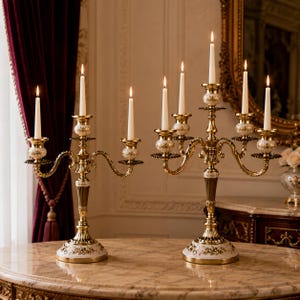 Peut inclure: Deux candélabres en métal doré ornés d'accents en céramique blanche avec des motifs floraux délicats. Le candélabre de gauche porte trois bougies blanches allumées, tandis que celui de droite en porte cinq bougies blanches allumées.
