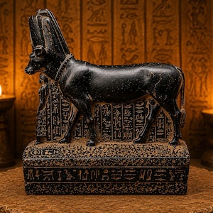Könnte beinhalten: Eine schwarze Stierstatue mit einem hohen, verzierten Kopfschmuck auf einem rechteckigen Sockel. Der Stier und der Sockel sind mit detaillierten, eingravierten ägyptischen Hieroglyphen versehen. Die Figur ist im Profil nach links ausgerichtet.
