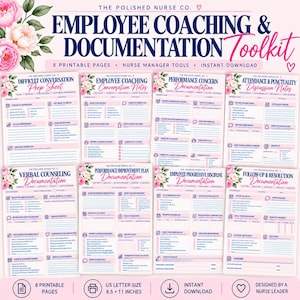 May include: A digital toolkit for employee coaching and documentation featuring eight printable pages in US letter size, 8.5 x 11 inches. The documents include forms for difficult conversations, performance concerns, and disciplinary actions.