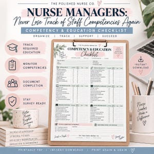 May include: A printable competency and education checklist for nurse managers on a clipboard. The document includes sections for clinical skills, medication safety, documentation, equipment, and policies. It features text headers and icons for tracking.