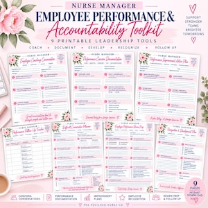 Puede incluir: Un kit de herramientas digitales para enfermeros gestores con nueve formularios de liderazgo imprimibles y detalles florales rosas. Los documentos incluyen plantillas para coaching, documentación de desempeño, planes de mejora y seguimiento.