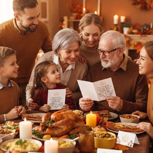 Puede incluir: Una familia reunida alrededor de una mesa con un pavo asado, velas encendidas y tarjetas de lugar con ilustraciones de hojas de otoño y calabazas. Las tarjetas muestran textos como Family Unity y Peaceful Home.