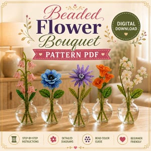 Mönster för pärlbroderi i PDF-format, handledning för fransk pärlbroderi, dekoration av miniblommor i vas (digital nedladdning)