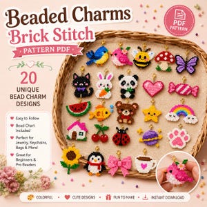 May include: A collection of 20 beaded charms created with brick stitch, featuring designs like a blue bird, bee, mushroom, butterfly, cat, rabbit, panda, heart, candy, watermelon, fish, bear, star, rainbow, house, cherries, ladybug, planet, paw, sunflower, penguin, bow, and coffee cup.