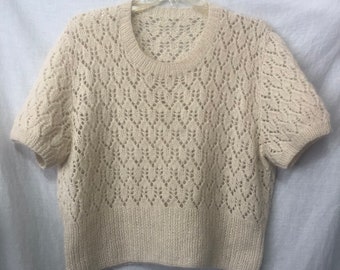 MOHAIR SWEATER Hand Knit Cream Mohair short sleeves Airy pattern Size XL