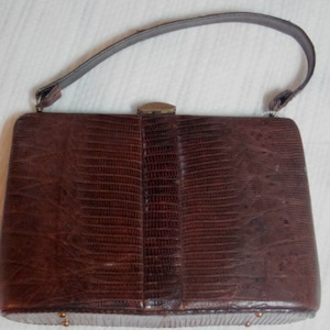 classic REPTILE Skin BOX HANDBAG gorgeous 1950s brown with snap lock leather Mid Century
