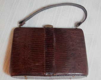 LIZARD BOX HANDBAG gorgeous 1950s brown Reptile Skin snap lock leather Mid Century