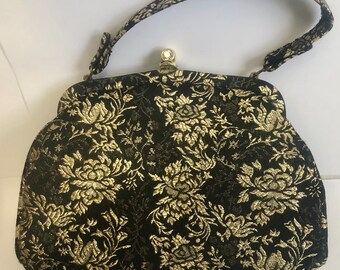 ER Miami EVENING BAG Black & Gold Brocade hand bag purse 2B-110