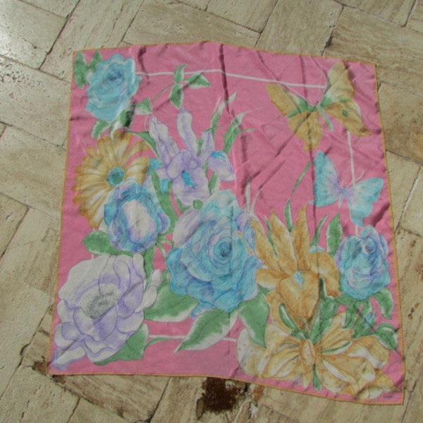 1960s VERA SILK SCARF signed Colorful Floral and Butterflies 29 inch Square