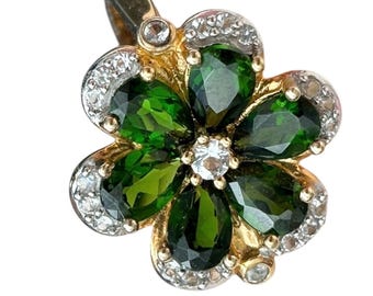 FLOWER RING emeralds & white sapphires GO 925 sterling Size 8 Jd2-9A