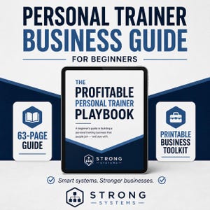 Peut inclure: Une tablette numérique affiche la couverture du guide The Profitable Personal Trainer Playbook, un manuel de 63 pages pour débutants. L'écran présente le texte : A beginner's guide to building a personal training business that people join.