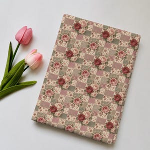 Tecido de algodão patchwork xadrez com rosas | Tecido vintage com estampa de rosas vermelhas e rosas para costura | Decoração de colcha rústica