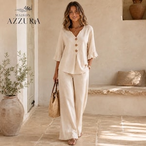 Peut inclure: Un ensemble deux pièces beige composé d'un chemisier à col en V avec trois boutons marron et des manches à volants trois-quarts, assorti d'un pantalon large. La tenue est de couleur claire et présente un design simple et épuré.