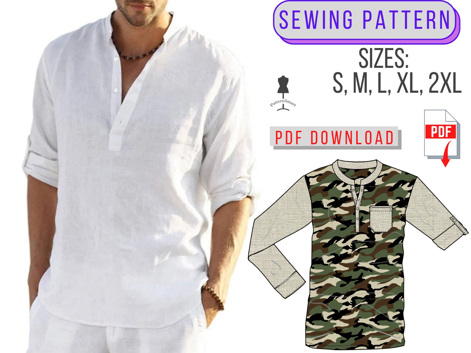PATTERN Men Shirt Henley Collar Long Sleeves PDF download sew Etsy