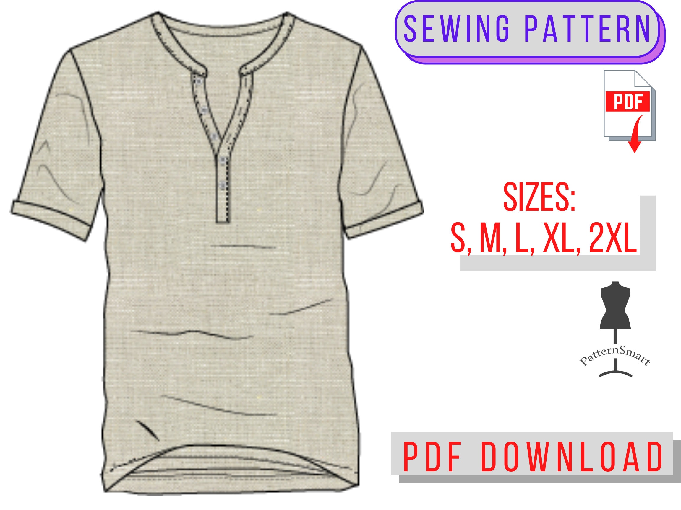 PATTERN Men Shirt Henley Collar PDF download sew Boho pattern Etsy
