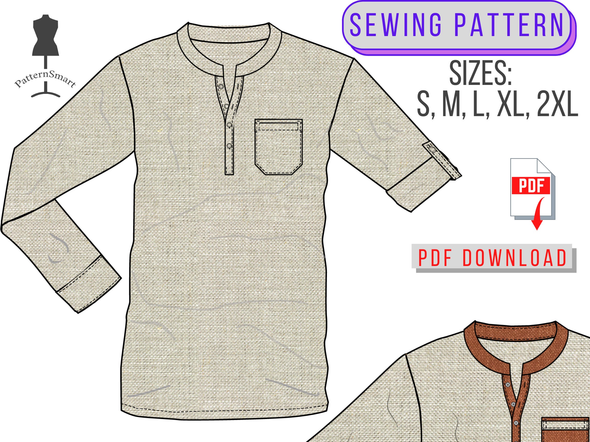PATTERN Men Shirt Henley Collar Long Sleeves PDF download sew Etsy