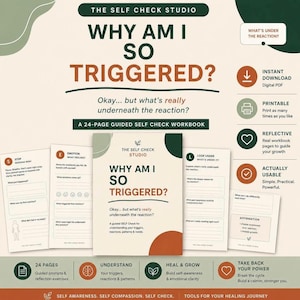 May include: A 24-page guided self-check workbook titled Why Am I So Triggered? featuring a digital PDF format. The workbook includes pages with prompts for identifying emotions, reactions, and needs, along with sections for affirmations and reflection.