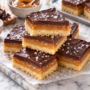 May include: A stack of square shortbread bars topped with a thick layer of golden caramel and smooth dark chocolate ganache, finished with a light sprinkling of coarse sea salt crystals on the surface of each individual chocolate-covered treat.