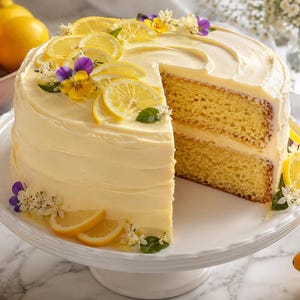Puede incluir: Un pastel de limón redondo de dos capas con glaseado amarillo pálido, decorado con rodajas de limón fresco, pequeñas flores de pensamiento moradas y amarillas, y flores blancas. Se ha retirado una porción, revelando el bizcocho y el relleno.