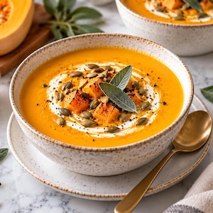 Puede incluir: Un cuenco de cerámica moteada lleno de sopa de calabaza naranja, cubierto con un remolino de crema, cubos de calabaza asada, semillas de calabaza verdes y hojas de salvia fresca. Una cuchara dorada descansa sobre el plato a juego.