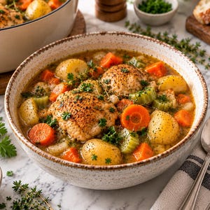 May include: A ceramic bowl filled with chicken stew containing roasted chicken thighs, chunks of yellow potatoes, sliced orange carrots, and green celery pieces in a savory broth, garnished with fresh green herbs and black pepper.