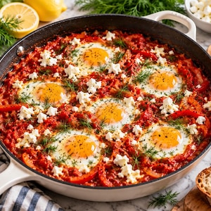 Receita de Shakshuka de Queijo de Cabra em PDF, Download Instantâneo, Frigideira de Ovos com Tomate Temperado