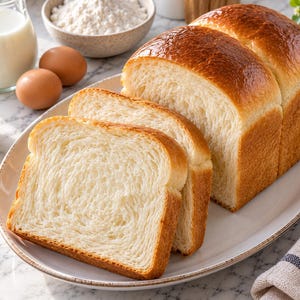 May include: A loaf of golden-brown milk bread with two slices cut and resting on an oval ceramic platter. The bread has a soft, airy white interior and a smooth, shiny crust. The loaf is positioned alongside ingredients including milk, eggs, and butter.