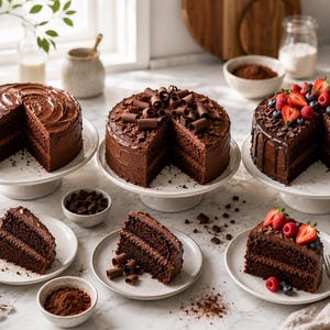 Op de afbeelding: Drie ronde chocoladetaarten op witte standaards en drie losse punten op bordjes. Eén taart heeft een gladde glazuurlaag, één is versierd met chocoladekrullen en één is belegd met verse aardbeien, frambozen en blauwe bessen met chocoladesaus.