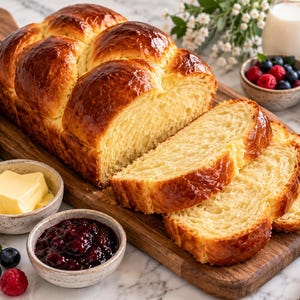May include: A golden-brown loaf of brioche bread with a shiny, glazed crust, partially sliced into three pieces on a wooden cutting board. Beside the bread are two small bowls containing yellow butter and dark red berry jam, with fresh berries.