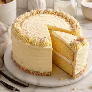 Op de afbeelding: Een ronde vanillecake met twee lagen, bedekt met gladde, gebroken witte botercrème. De bovenrand is versierd met gespoten toeven botercrème en kleurrijke hagelslag, met extra hagelslag langs de onderkant en een uitgesneden punt.