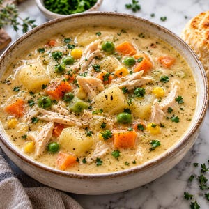 May include: A creamy chicken soup in a round ceramic bowl, featuring shredded chicken, diced potatoes, orange carrots, green peas, and yellow corn kernels in a thick broth, garnished with green herbs and black pepper, served with a golden biscuit.
