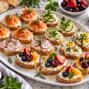 Könnte beinhalten: Eine große weiße ovale Platte mit einer Auswahl an Crostini, belegt mit Frischkäse, Räucherlachs, Gurkenscheiben, Radieschen, Wachteleiern, frischen Beeren, Orangenstücken, Honig, Dill und Minzblättern auf einer Oberfläche aus Marmor.