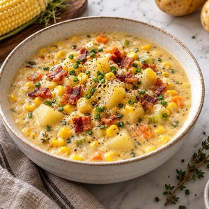 May include: A creamy corn chowder in a speckled ceramic bowl, featuring chunks of yellow corn, diced potatoes, and carrots. The soup is topped with crispy bacon bits, fresh green chives, and black pepper, served in a thick, savory broth.