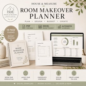 Op de afbeelding: Een House & Measure kamerplanner-set inclusief een 19-pagina tellende spiraalgebonden planner, een projectoverzicht, een meubelplanpagina en een laptop met een digitaal budgetdashboard met grafieken en financiële tabellen.
