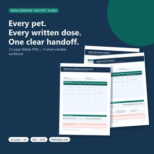 May include: A digital pet medication tracking set featuring 12 fillable PDFs and a 9-sheet editable workbook. The documents include a Medication Administration Record and a Medication Schedule with dark blue and green headers on a dark blue background.