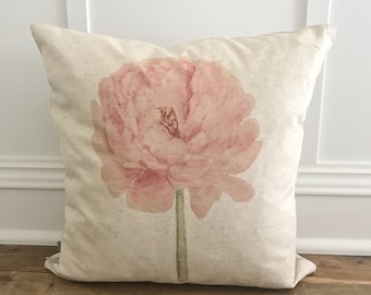 Watercolor Peony Linen Pillow Cover – Floral Farmhouse Decor