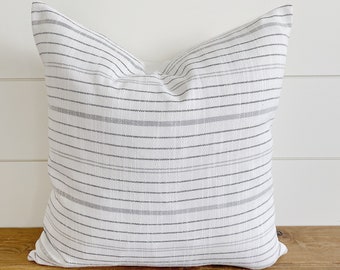 LEIGH || Indoor/Outdoor White with Gray Stripes Pillow Cover ∙ Outdoor Pillow ∙ Waterproof Pillows ∙ Porch Pillow ∙ Outdoor Lumbar Pillow