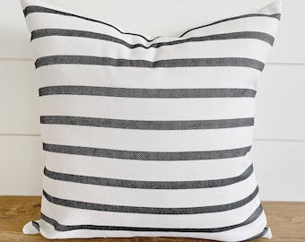 BENNETT || Sunbrella Indoor/Outdoor Ivory & Charcoal Gray Stripes Pillow Cover • Black and White Outdoor Pillow •  Waterproof Pillows
