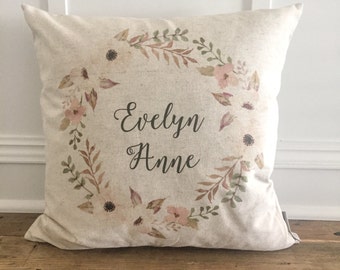 Custom Name Floral Wreath Pillow Cover