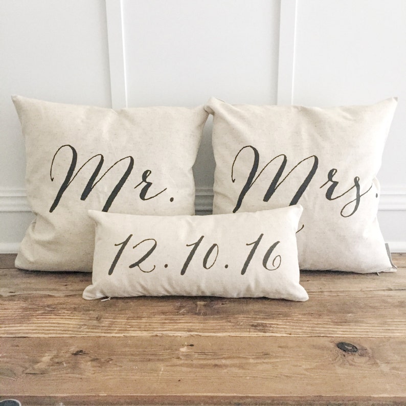NEW FONT Mr & Mrs pillow cover set with custom date lumbar pillow cover image 1