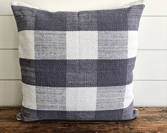 22x22 Gray Buffalo Plaid Pillow Cover – Handwoven Cotton