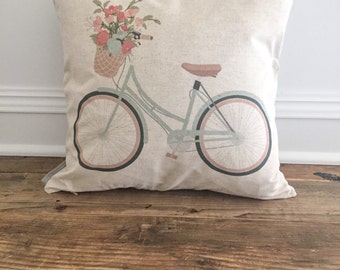 Aqua Bicycle Pillow Cover -Bike Pillow - Bicycle Pillow -Aqua Bike Pillow - Spring Accent Pillow - Bike Pillow- Turquoise Bike Pillow